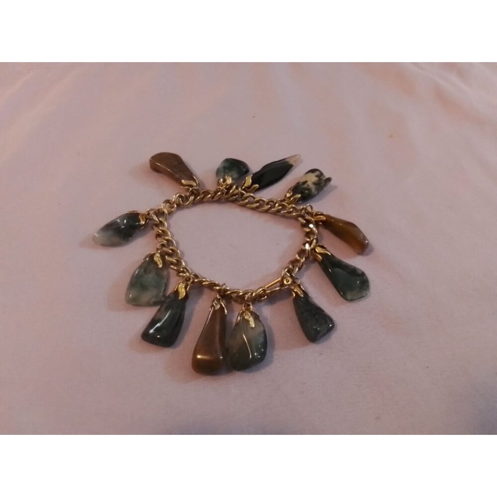 Vintage Gold-Tone Charm Bracelet Natural Stone Teardrop Dangles Boho Statement